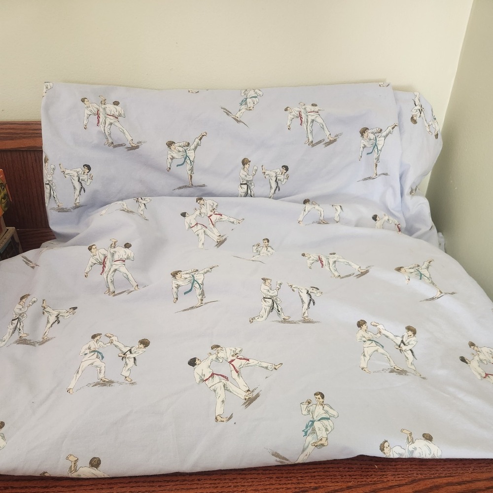 Pottery Barn Kids Karate Duvet Cover Full/Queen 100% Cotton Light Blue Button‎
